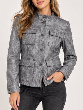 Lola & Sophie Foil Denim Jean Jacket Size L Grey Metallic Utility NWT $185